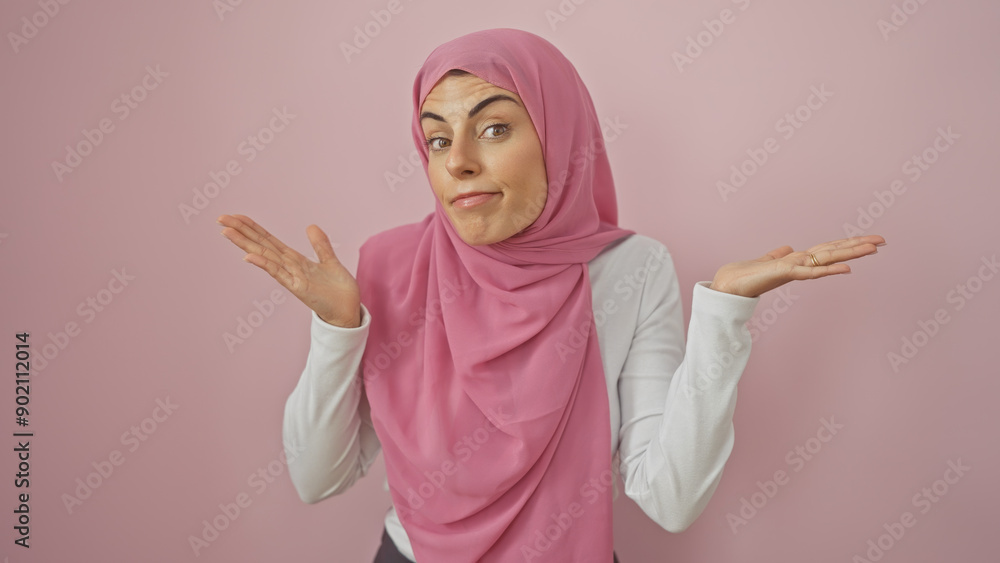 Wall mural A young woman wearing a hijab poses with a puzzled expression against a pink background.