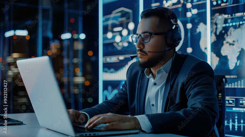 Poster technical support customer service concept, software engineer using laptop computer with customer su