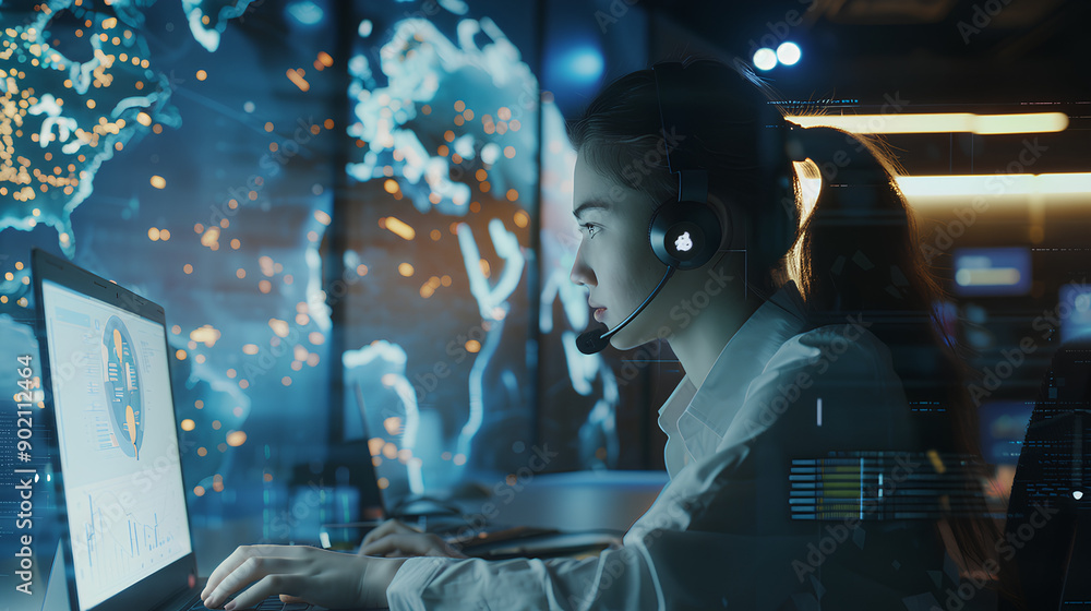 Poster technical support customer service concept, software engineer using laptop computer with customer su