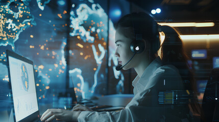 Technical support customer service concept, software engineer using laptop computer with customer support and global network, internet technology, it support, digital system service