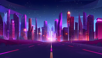 Futuristic city cyberpunk landscape, future, purple lights, modern buildings, night city
