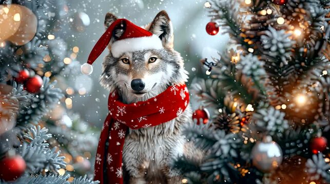 a festive wallpaper featuring cute wolf dressed in Santa hats and scarves, christmas decoration tree. seamless looping time-lapse virtual 4k video animation background