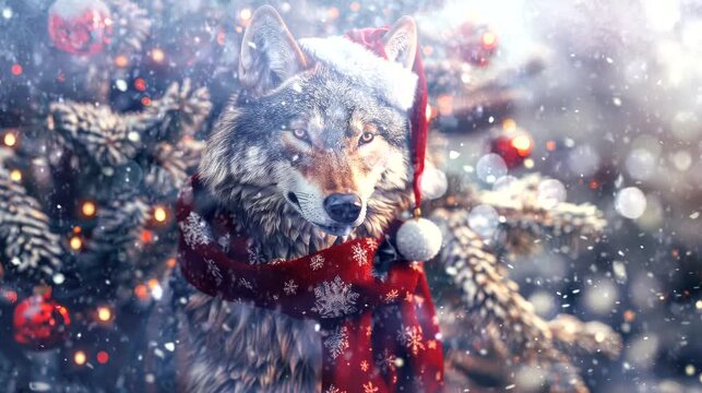 a festive wallpaper featuring cute wolf dressed in Santa hats and scarves, christmas decoration tree. seamless looping time-lapse virtual 4k video animation background