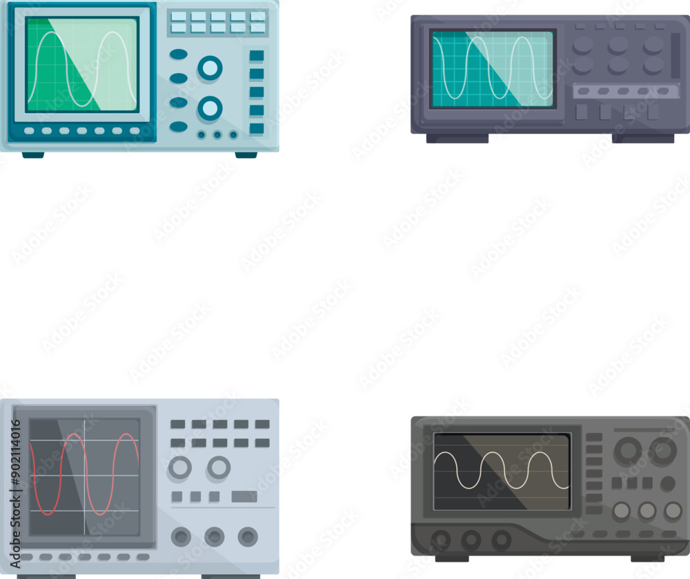 Aufkleber vector set of oscilloscopes with electronic equipment for signal waveform measurement and analysis, 