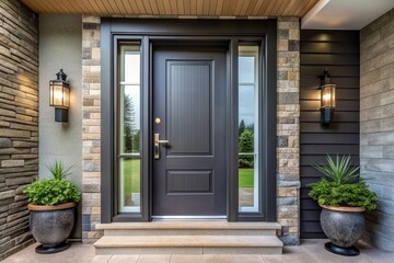 Modern dark grey fiberglass front entry door, shown at a tilted angle, entrance, sleek, dark grey, entry, design, contemporary, tilted angle, stylish, modern, innovative