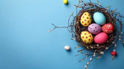 Decorative Easter eggs with twigs in nest on blue background Selective focus