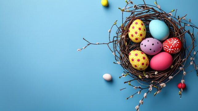 Decorative Easter eggs with twigs in nest on blue background Selective focus