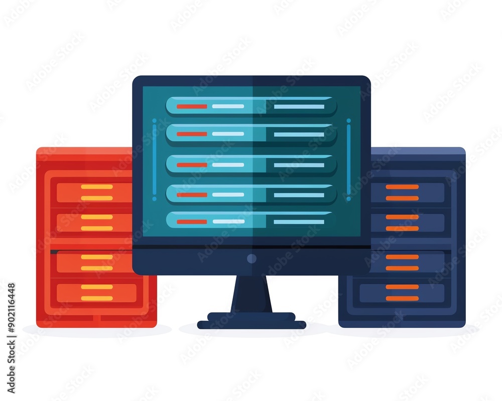 Poster computer network flat design side view connectivity setup theme cartoon drawing monochromatic color 