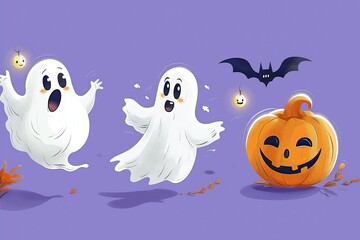 Obraz premium Two friendly ghosts and a smiling jack-o-lantern on a purple background with a bat flying overhead.