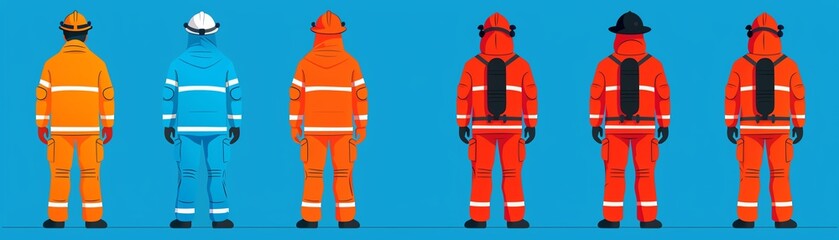 Firefighter team flat design side view unit cooperation theme cartoon drawing Monochromatic Color Scheme
