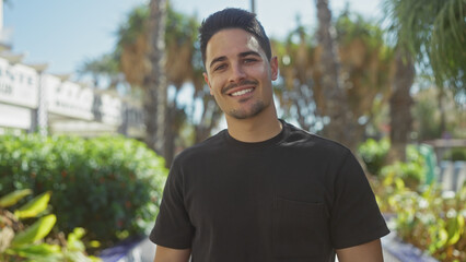 Hispanic man with beard smiling in a sunny park with palm trees, personifying a relaxed outdoor...