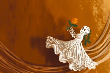 A whimsical illustration of a skeleton dressed in a flowing white gown, holding a vibrant orange flower against a warm, orange background.