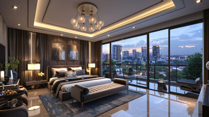 A large bedroom with a view of the city skyline