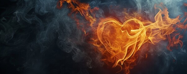 Heart shaped flames with smoke on a dark background, fiery love and passion concept