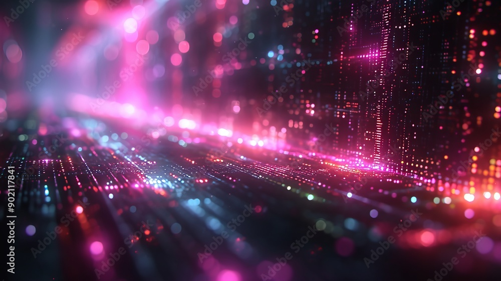 Poster Abstract digital data streams in neon colors