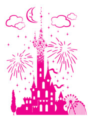 Fototapeta premium Princess Castle. Fantasy pink flying palace in the clouds on the background of fireworks and stars. Fairytale Royal Medieval Paradise Palace. Cartoon vector illustration.