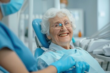 Happy Senior Woman in Dental Chair with Dentist