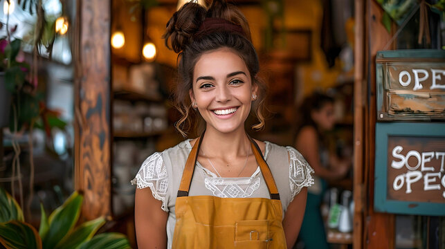 A cheerful female baker stands in a cozy artisan bakery, surrounded by a variety of freshly baked bread loaves.