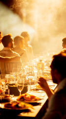 A warm, inviting dinner scene illuminated by soft light, featuring a lively gathering around a beautifully set table.