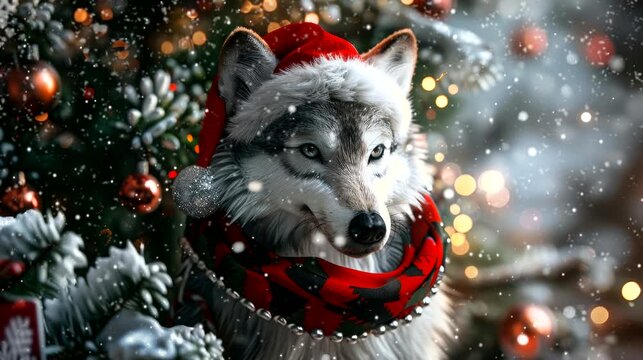 a festive wallpaper featuring cute wolf dressed in Santa hats and scarves, christmas decoration tree. seamless looping time-lapse virtual 4k video animation background