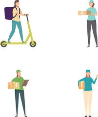 Set of delivery people with boxes and ecofriendly scooter, providing courier services