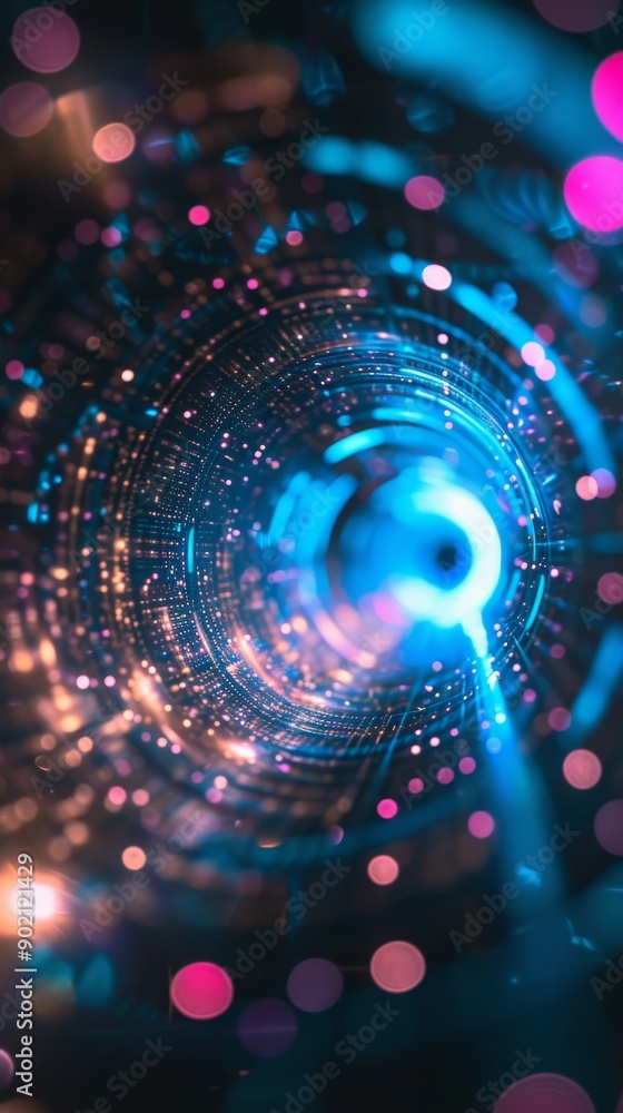 Poster futuristic neon tunnel with circular patterns and bright lights