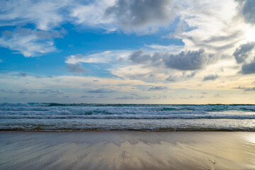 Empty tropical beach and seascape, Beautiful sandy beach and sea in sunny day,Blue sky in good weather day, Beach sea space area nature background