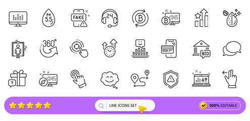 Ph neutral, Cursor and Music making line icons for web app. Pack of Sound check, Dirty water, Fake news pictogram icons. Online shopping, Shield, Bitcoin system signs. Consulting. Search bar. Vector