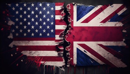 Torn Flags of the USA and UK Symbolizing Division