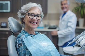 Senior Woman with Glasses Smiling in Dental Chair