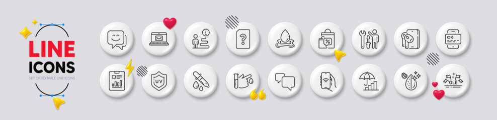 Chemistry pipette, Report document and Speech bubble line icons. White buttons 3d icons. Pack of Water splash, Support, Card icon. Dirty water, Smile face, Earphones pictogram. Vector
