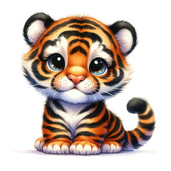 Obraz premium A cute little tiger cub is sitting on its back legs