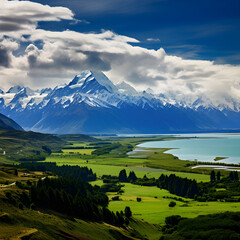 Fototapeta premium Epic Untouched Beauty: A Panoramic Landscape of a Tranquil Lake in a Mountainous Valley