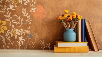 School themed book arrangement on brown wallpaper with space for text