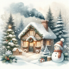 Obraz premium A house with a chimney and a snowman in front of it