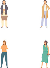 Collection of illustrations featuring women in different attire, showcasing variety in fashion and style