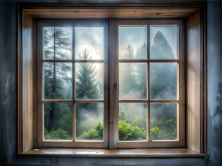 Fototapeta premium Foggy Forest View through Rustic Window Frame