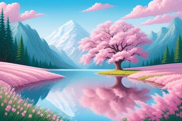 Beautiful and Peaceful Nature Scenery Illustration, Landscape, Countryside, Tranquil, Vibrant and Colorful