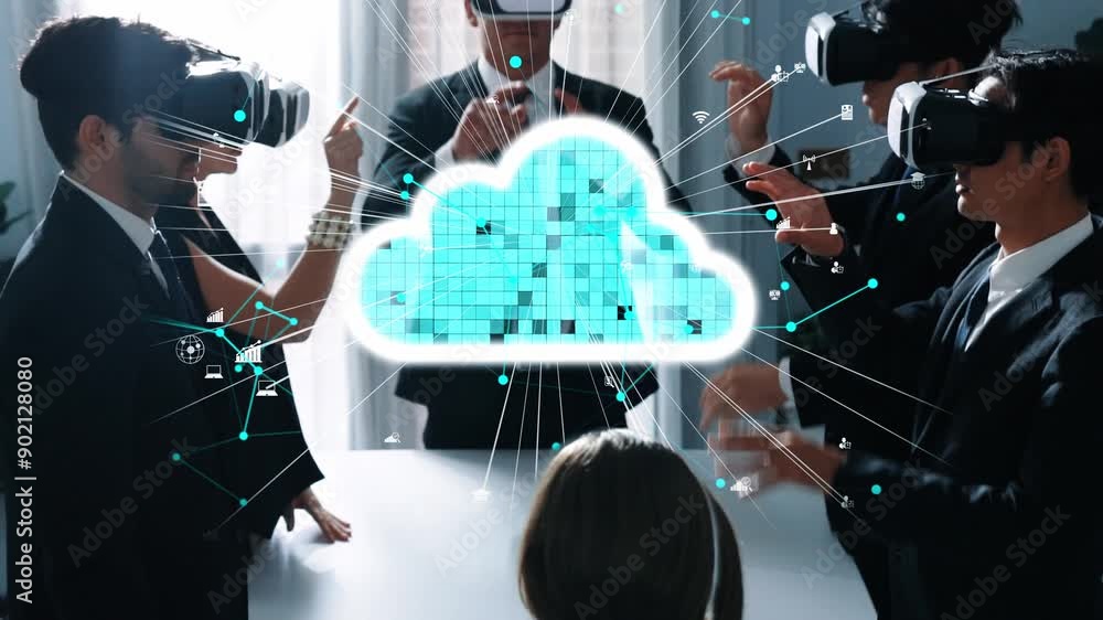 Poster skilled manager using vr glass to connect cloud data storage server with hologram of big data and di