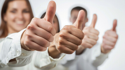 Multiple employees showing thumbs up on good performance. Isolated white background, object focused, PNG, Stock image, HD quality, Generative AI