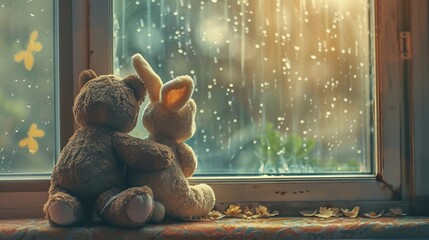 brown teddy bear and cute rabbit sit on isolated background, toy with patches