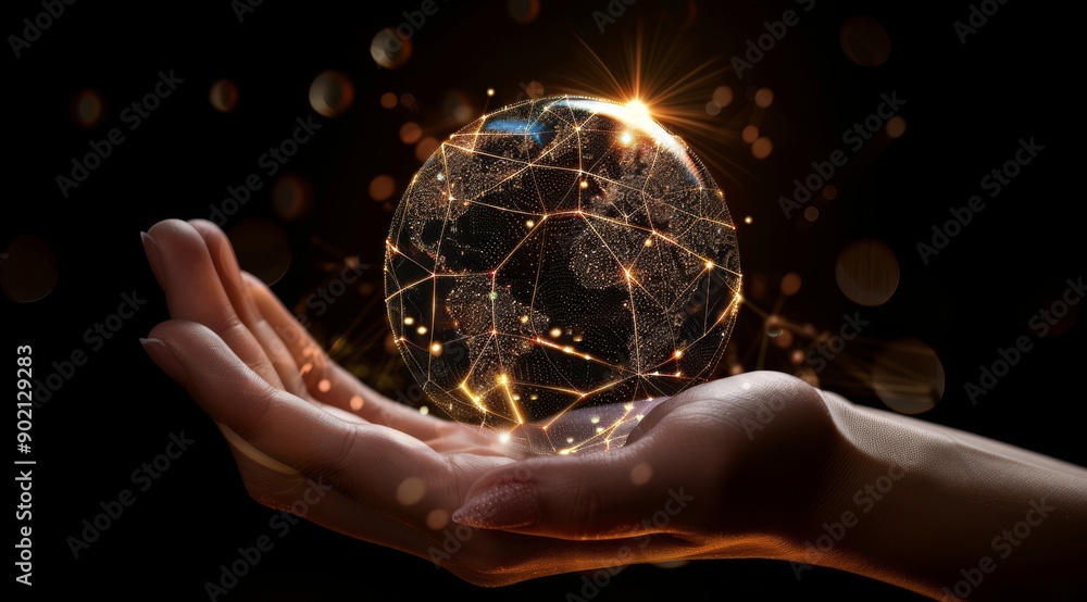 Poster a hand holds a glowing digital globe with global network connections and business data, symbolizing 