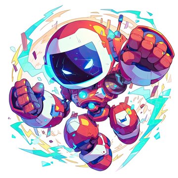 Adorable chibi robot in a dynamic pose with vibrant colors and playful design