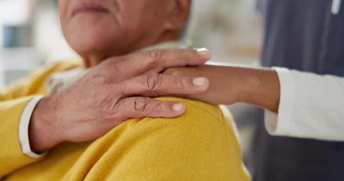 Senior, man and hand of caregiver on shoulder for emotional support, comforting touch and reassurance of wellbeing. Elderly person, nurse and closeup of empathy or patient care in retirement home.
