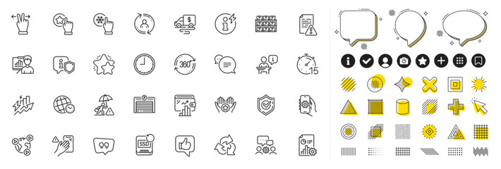 Set of Consumption growth, User info and Video conference line icons for web app. Design elements, Social media icons. Full rotation, Freezing click, Like icons. Vector