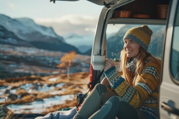 Naklejka premium Van-life. Woman meets sunrise in camper van trunk with cup of hot tea, coffee in cozy sweater against mountains, snow.
