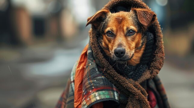 Stray dog in clothing on street Animal welfare concept