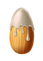3d realistic vector icon illustration. Almond nut with pouring white chocolate on top of it. Almond milk.