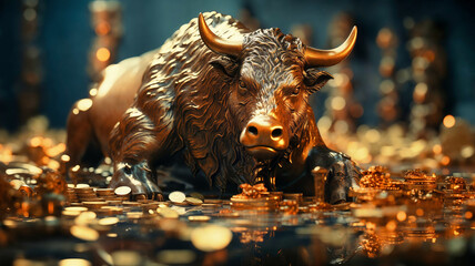 a bull in the middle of the stock exchange surrounded by money