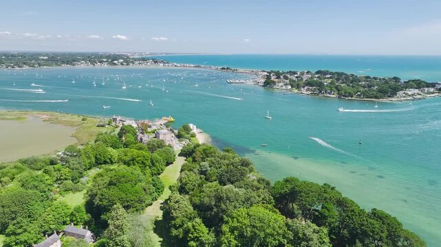 Brownsea Castle on Brownsea Island from a drone, Poole, Dorset, England